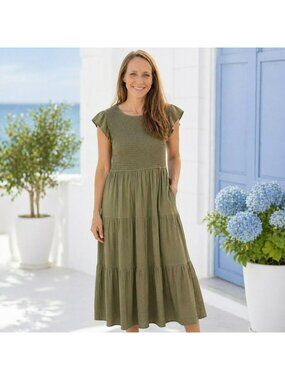 Mine Smocked Tiered Flutter Sleeves Maxi Dress Womens Medium Olive Green